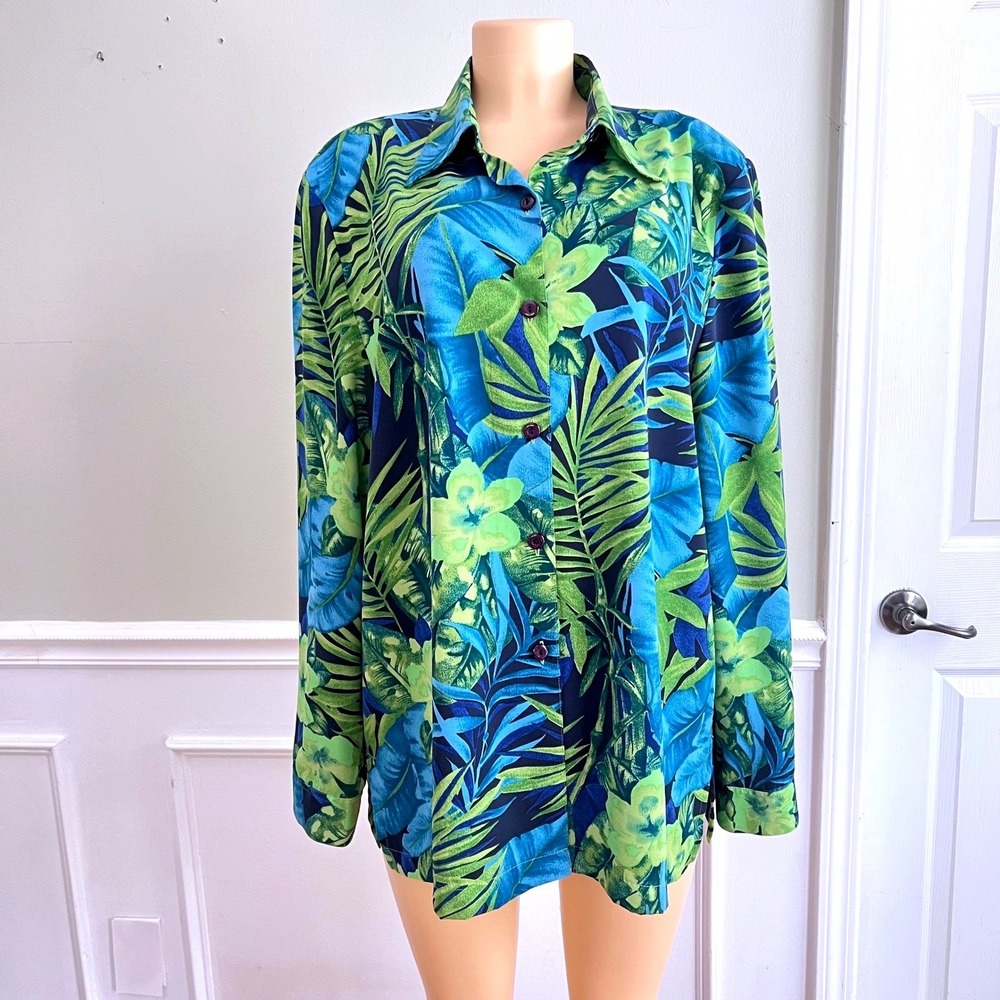 Draper's & Damon's Tropical Button Down Shirt Women XL Blue Green Floral Palm